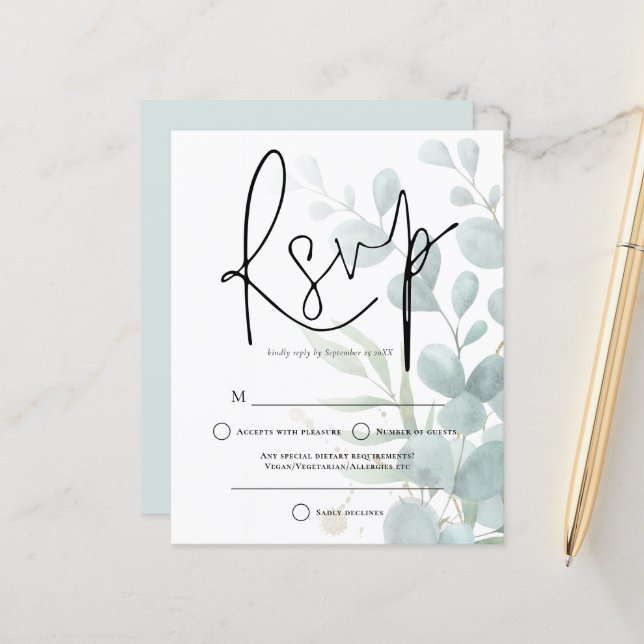 Budget Eucalyptus Elégant Script Wedding RSVP (Devant/Arrière en situation)