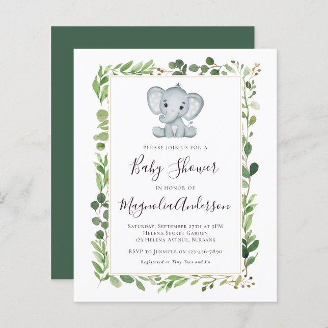BUDGET Eucalyptus Elephant Baby shower Invitation (Devant / Derrière)