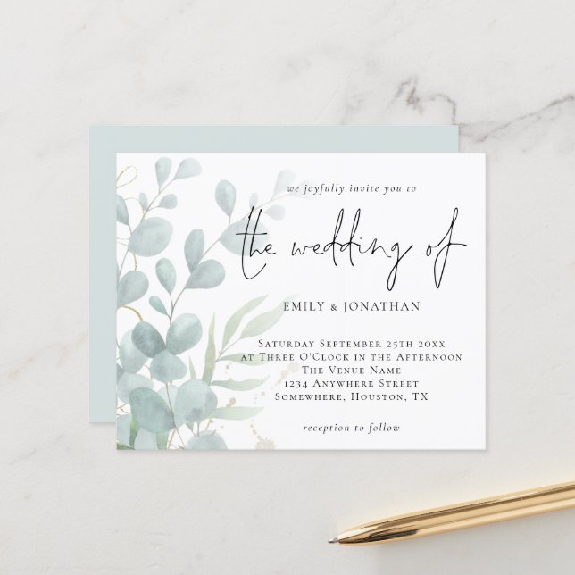 Budget Eucalyptus Faire-part de mariage bleu en po (Devant/Arrière en situation)