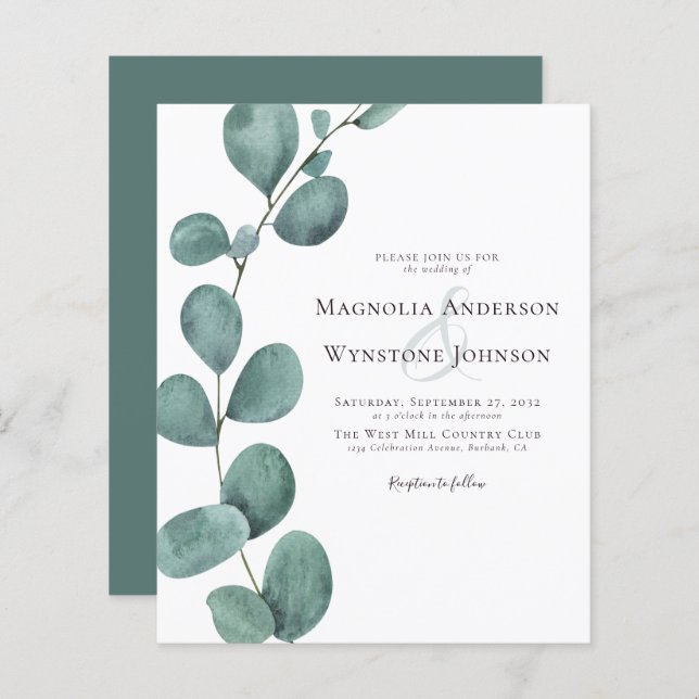 Budget Eucalyptus Faire-part de mariage de verdure (Devant / Derrière)