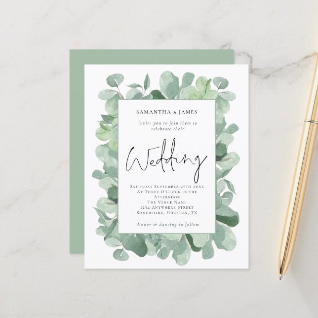 Budget Eucalyptus Faire-part de mariage frontalièr (Devant/Arrière en situation)