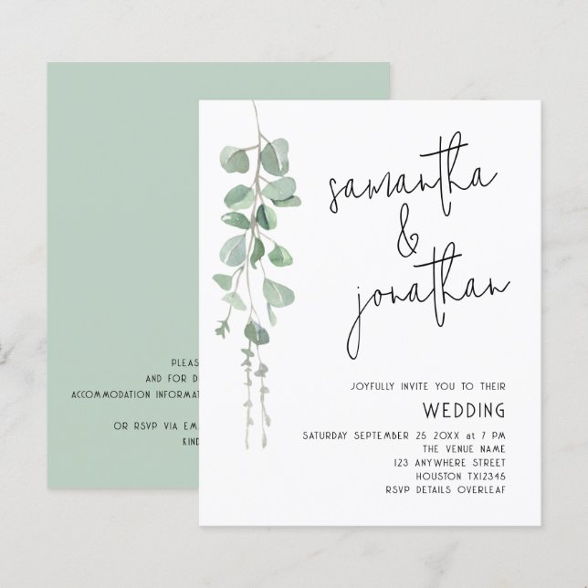 Budget Eucalyptus Faire-part de mariage informel (Devant / Derrière)