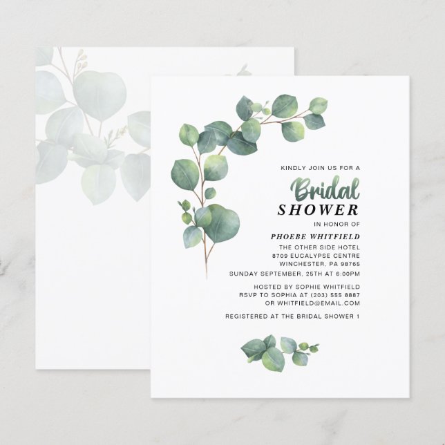 Budget Eucalyptus Fête des mariées Invitation vert (Devant / Derrière)