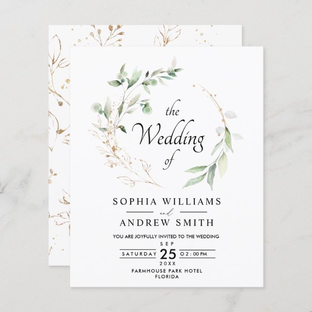 Budget Eucalyptus Feuilles & Gold Rustic Mariage (Devant / Derrière)