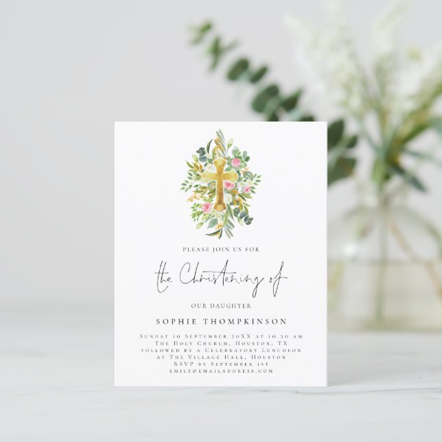 Budget Eucalyptus Florals Cross Christening Invita (Debout devant)