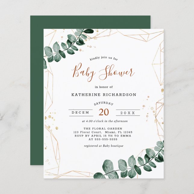 Budget Eucalyptus | Flyer Baby shower vert (Devant / Derrière)