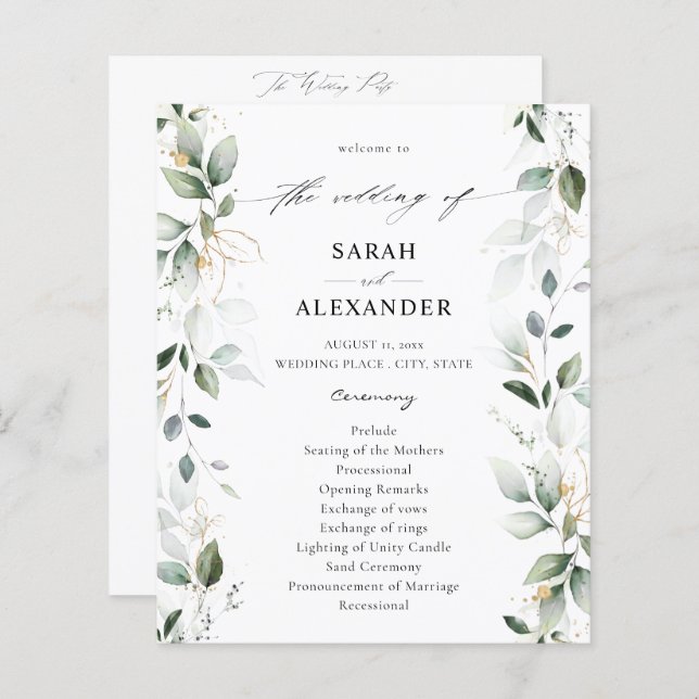 Budget Eucalyptus Glow Gold Wedding Programme 2 (Devant / Derrière)