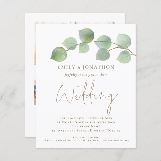 BUDGET Eucalyptus Gold 3 photo QR Wedding Invitati (Devant / Derrière)