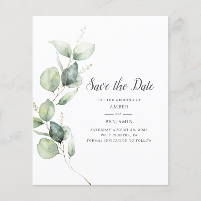 Budget Eucalyptus Greenery Script Faire part de da (Devant)