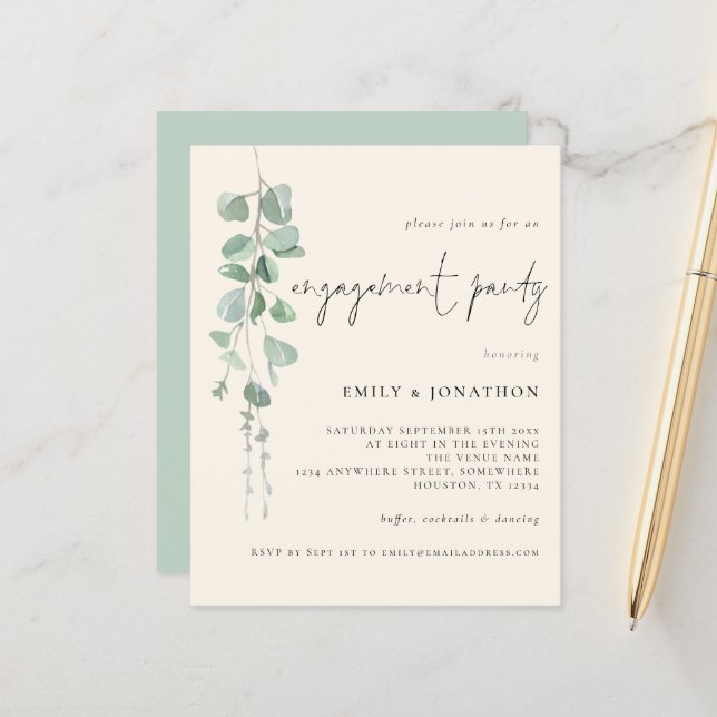 Budget Eucalyptus Ivory Engagement Invitation (Devant/Arrière en situation)
