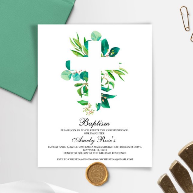 Budget Eucalyptus Leaves Cross Baptism Invitation (Créateur téléchargé)