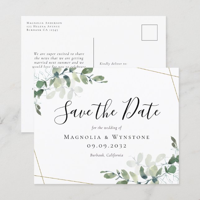 Budget Eucalyptus Mariage Enregistrer La Date Cart (Devant / Derrière)