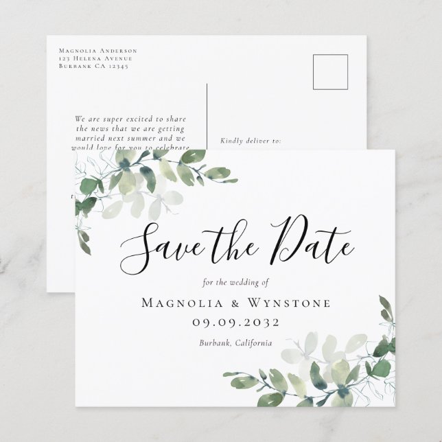 Budget Eucalyptus Mariage Enregistrer La Date Cart (Devant / Derrière)
