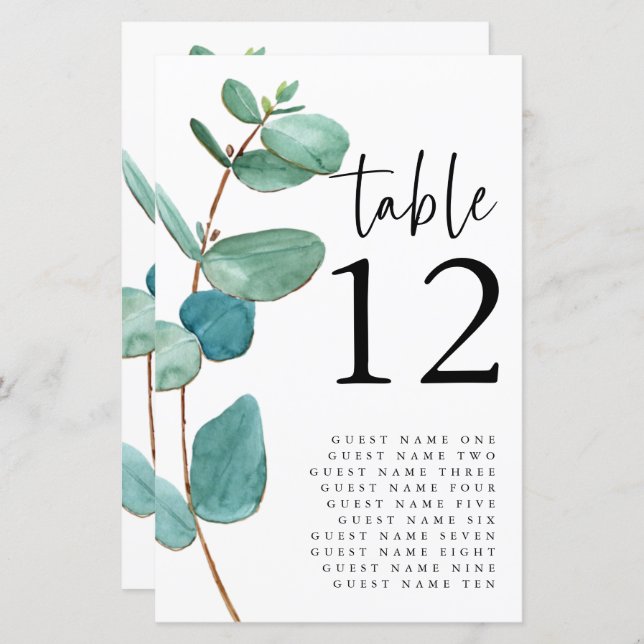 Budget Eucalyptus Mariage Nom de l'invité Table No (Devant / Derrière)