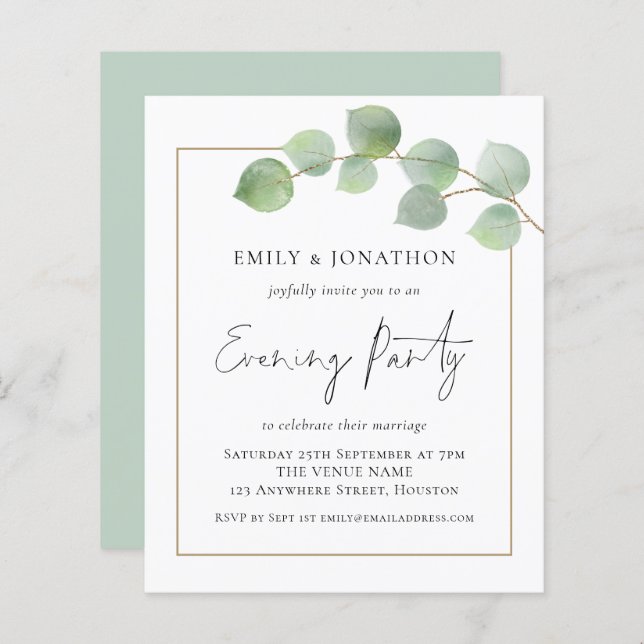 BUDGET Eucalyptus Mariage Soirée Invitation (Devant / Derrière)