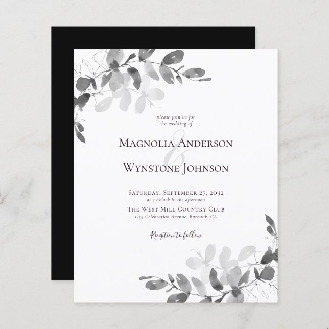 Budget Eucalyptus Monochrome Faire-part de mariage (Devant / Derrière)