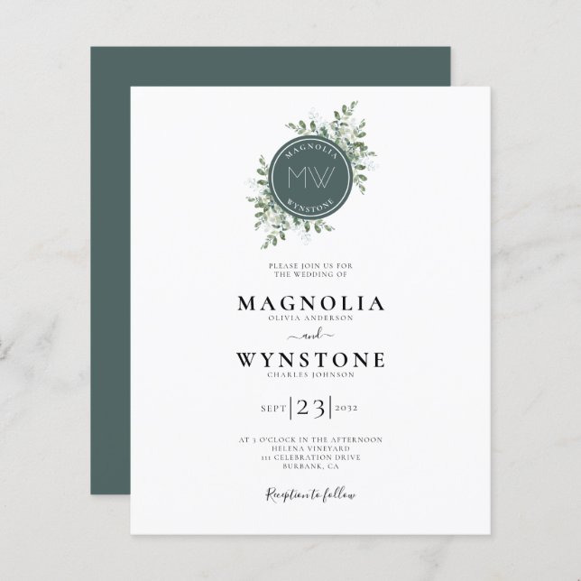 BUDGET Eucalyptus Monogram Wedding Invite (Devant / Derrière)