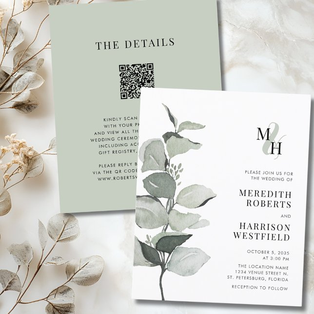 Budget Eucalyptus Monogramme Faire-part de mariage (Budget Eucalyptus Ampersand Monogram QR Code Wedding Invitation)