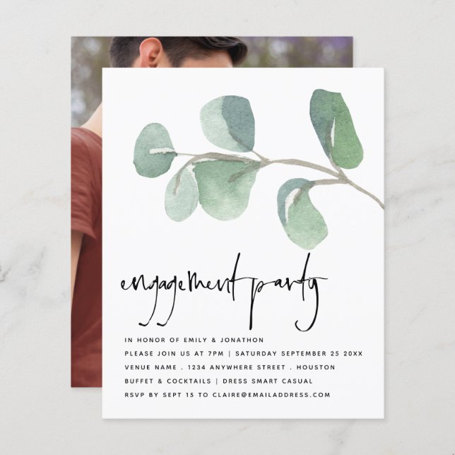 Budget Eucalyptus Photo Engagement Invitation (Devant / Derrière)