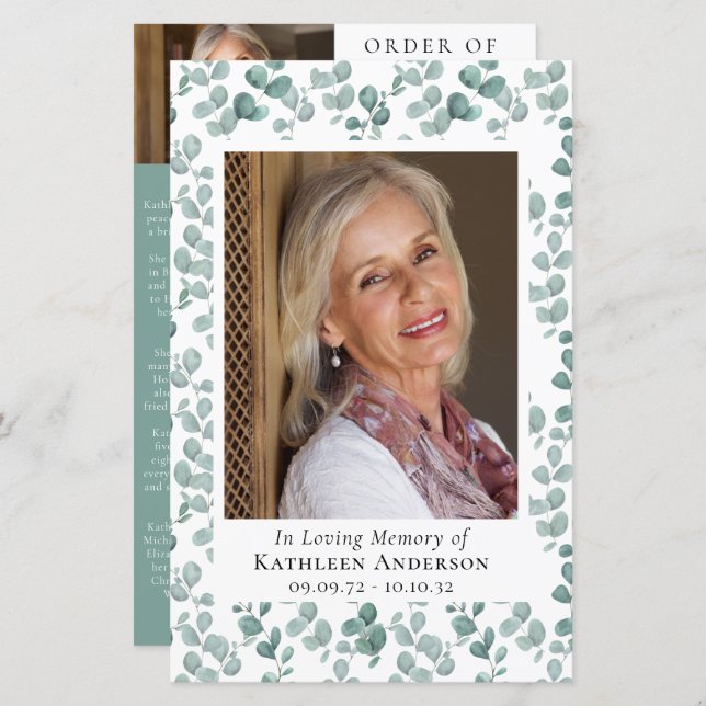 BUDGET Eucalyptus Photo Memorial Service Programme (Devant / Derrière)