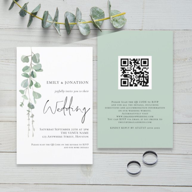 Budget Eucalyptus QR Code Script Mariage Invitatio (Front and back view. Larger 5.5 x 8.5" budget price invitation)