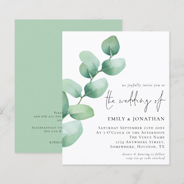 Budget Eucalyptus QR Code Script Mariage Invitatio (Devant / Derrière)