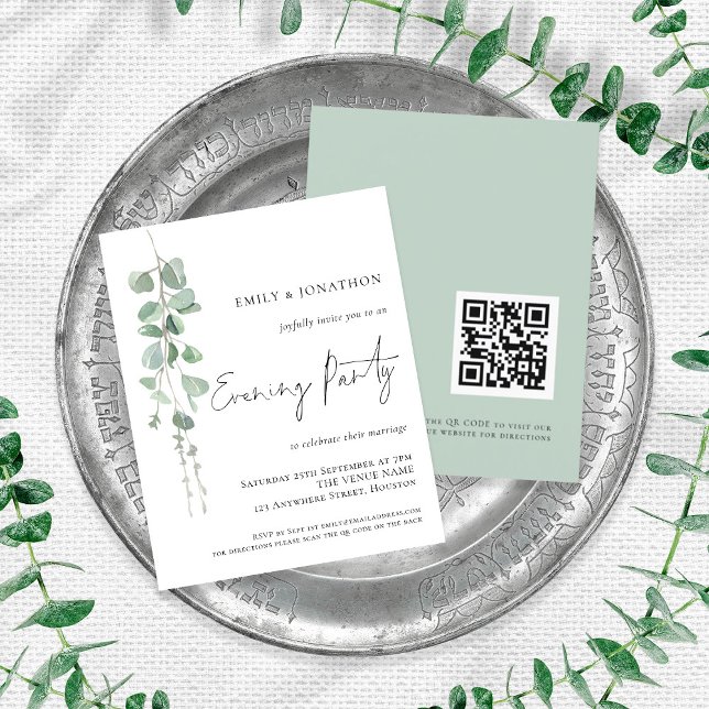 Budget Eucalyptus QR Mariage Invitation de soirée (Front and back view)