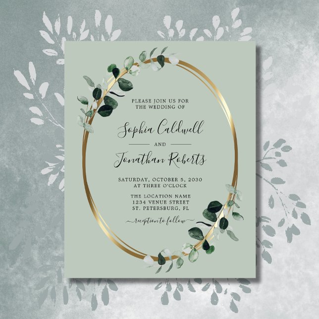 Budget Eucalyptus Sage Gold Foil Invitation de mar (Budget Eucalyptus Sage Gold Foil Wedding Invitation)