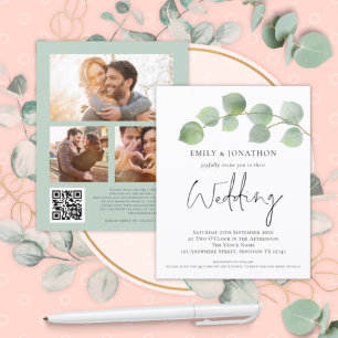 BUDGET Eucalyptus Script 3 photo QR Wedding Invite
