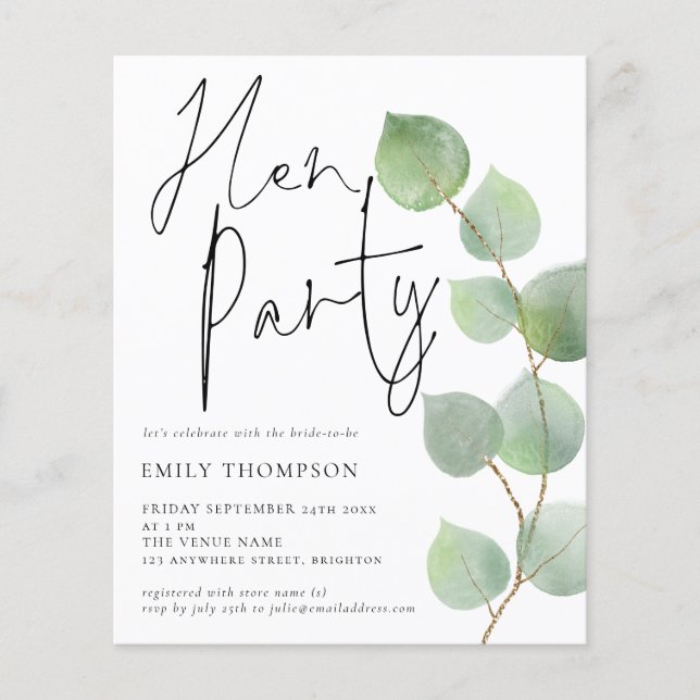 Budget Eucalyptus Script Hen Party Invitation (Devant)