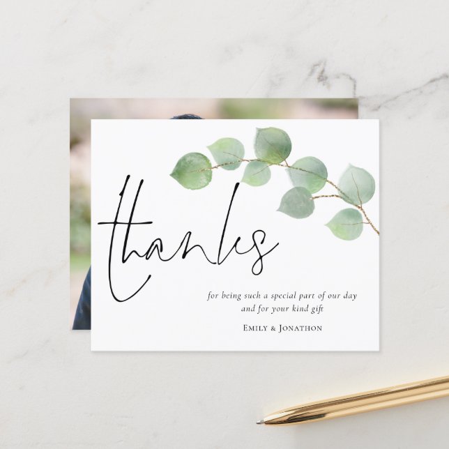 Budget Eucalyptus Script Mariage photo Merci (Devant/Arrière en situation)