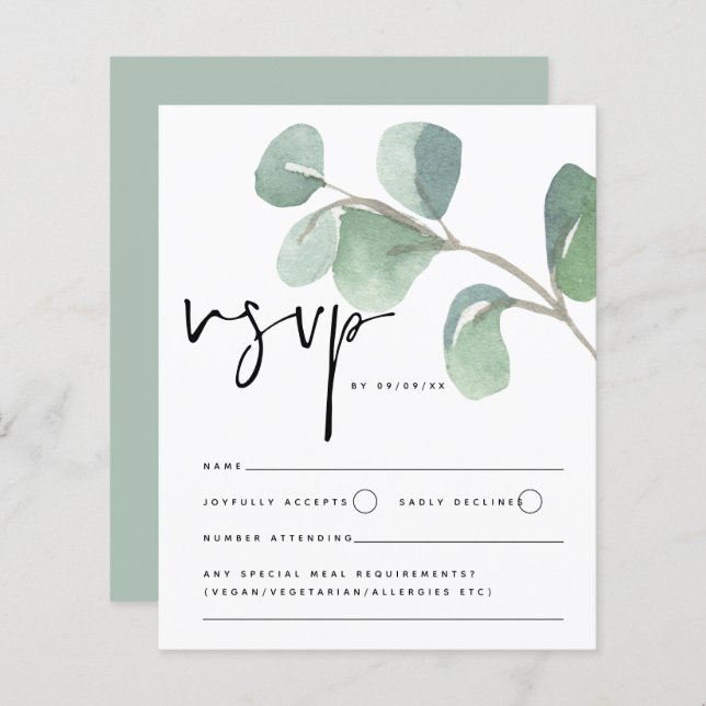 Budget Eucalyptus Script Mariage RSVP Enclôture (Devant / Derrière)