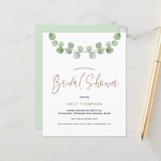 Budget Eucalyptus Script nuptiale invitation douch (Devant/Arrière en situation)