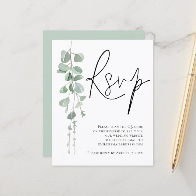 Budget Eucalyptus Script QR Code Mariage RSVP Encl (Devant/Arrière en situation)