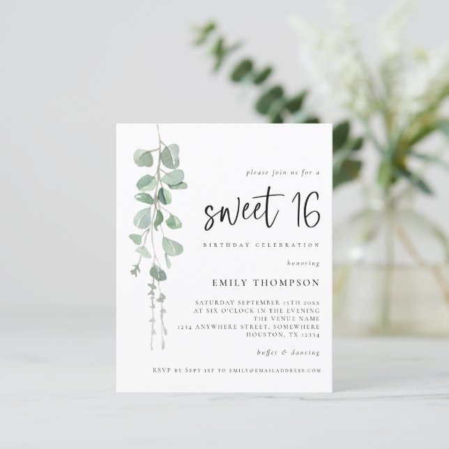 Budget Eucalyptus Script Sweet 16 Invitation (Debout devant)