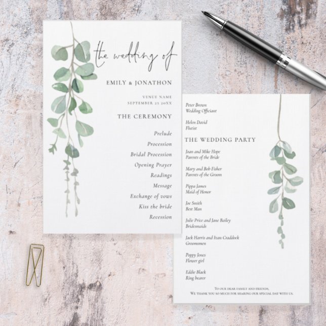 Budget Eucalyptus Script Wedding Programme (Front and back view)