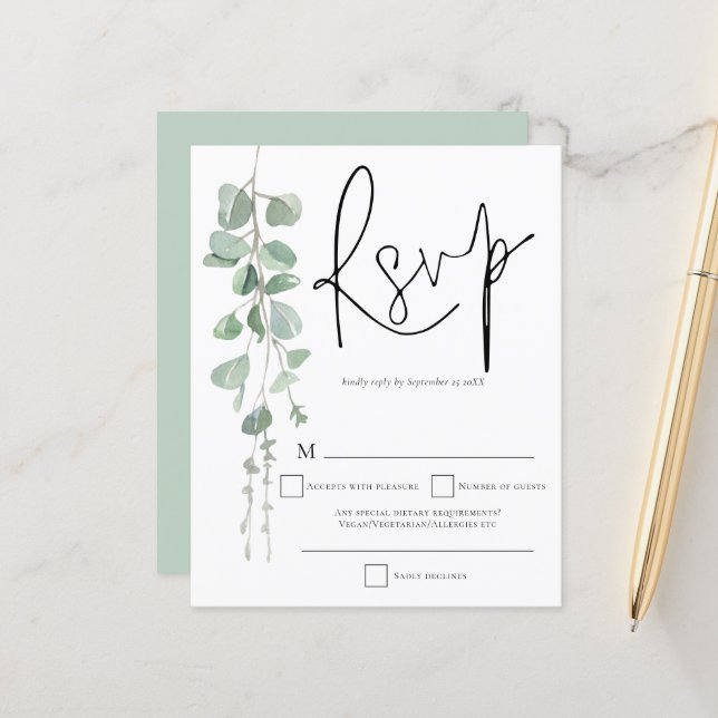 Budget Eucalyptus Script Wedding RSVP (Devant/Arrière en situation)