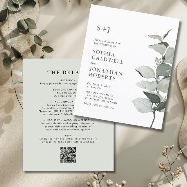Budget Eucalyptus tout en un Faire-part de mariage (Budget Elegant Eucalyptus All in One Wedding Invitation )