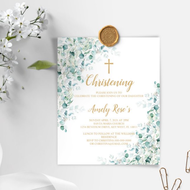 Budget Eucalyptus verdure Christening Invitation (Créateur téléchargé)