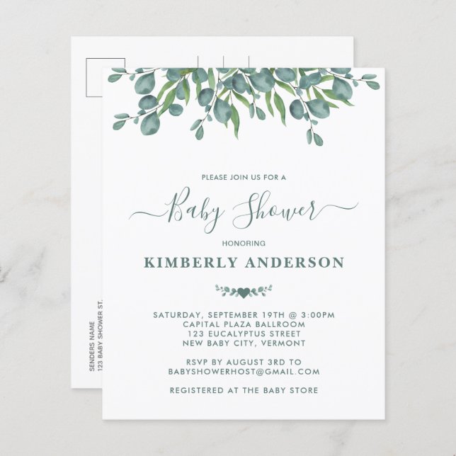 Budget Eucalyptus Vert Baby shower  Invitation (Devant / Derrière)