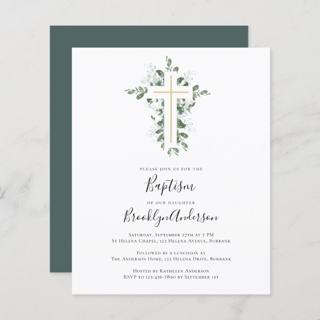 Budget Eucalyptus Vert Baptême Invitation (Devant / Derrière)
