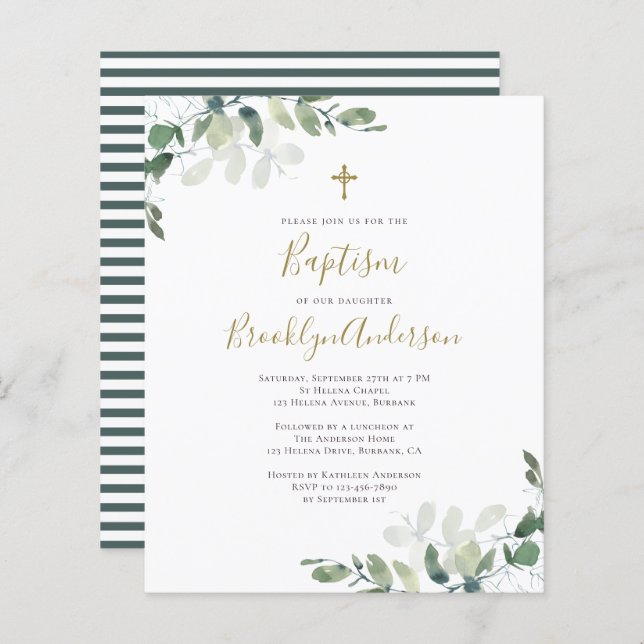 Budget Eucalyptus Vert Baptême Invitation (Devant / Derrière)