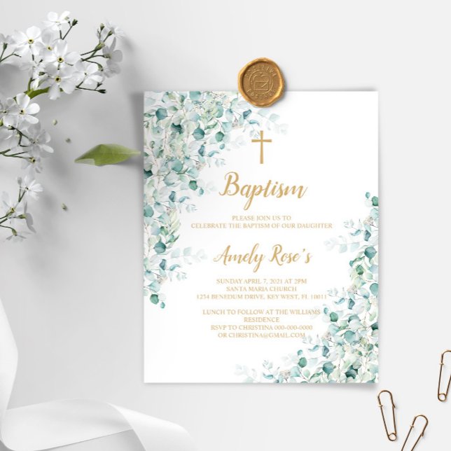Budget Eucalyptus Vert Baptême Invitation (Créateur téléchargé)