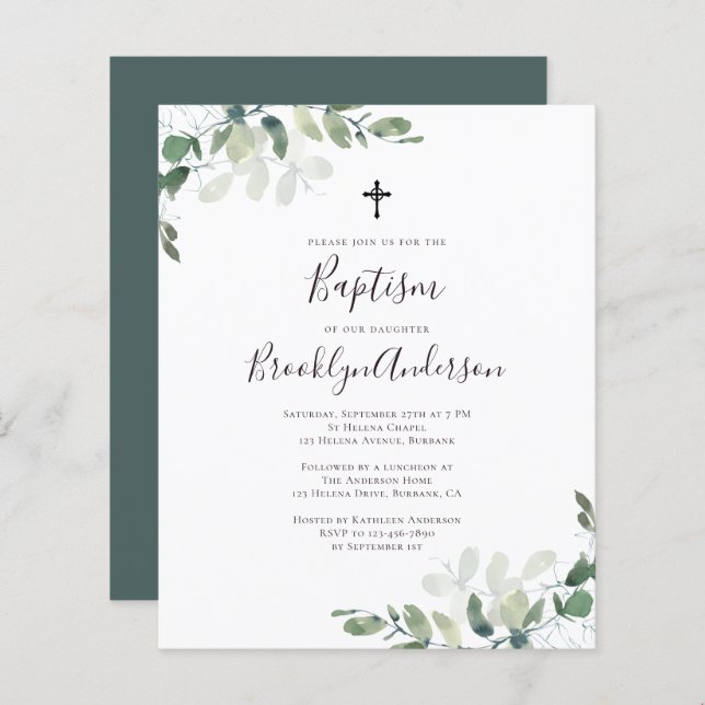 Budget Eucalyptus Vert Baptême Invitation (Devant / Derrière)