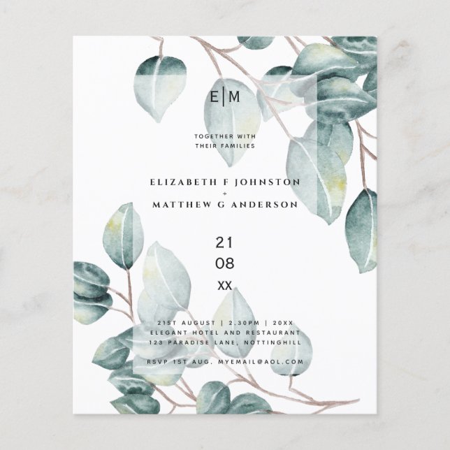 Budget Eucalyptus Vert Feuilles Mariage Invite (Devant)