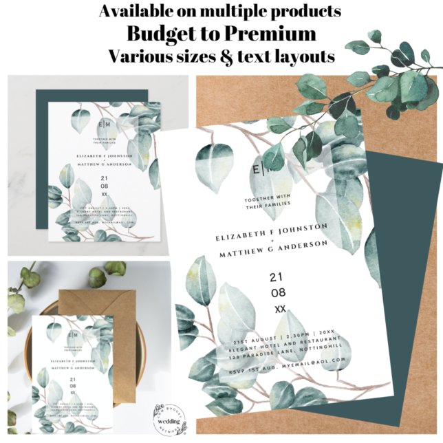 Budget Eucalyptus Vert Feuilles Mariage Invite (Créateur téléchargé)