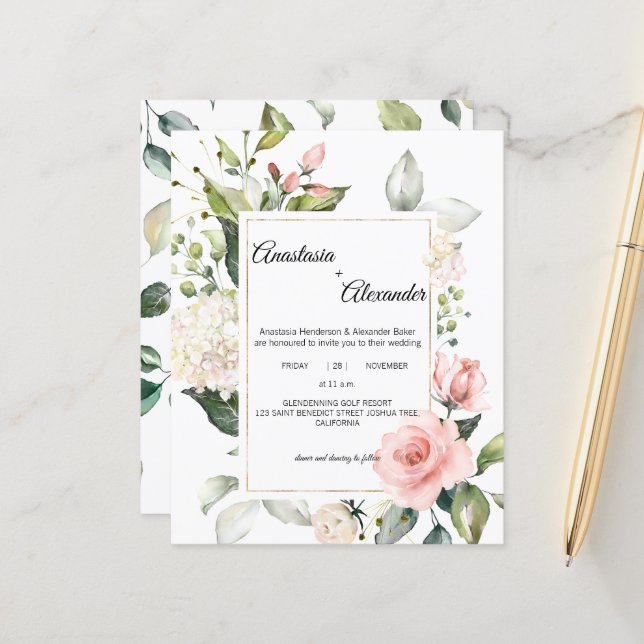 Budget-Faire-part de mariage. Invitation carte pos (Devant/Arrière en situation)