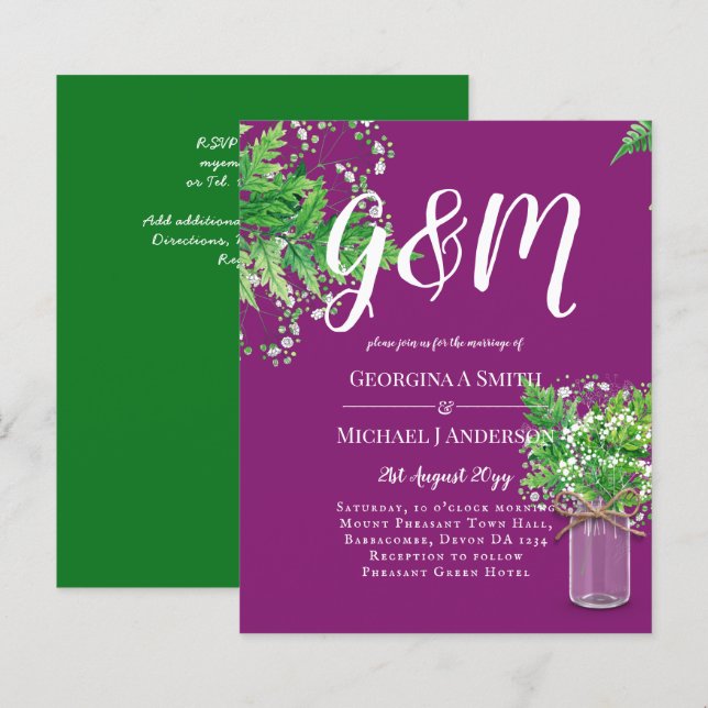 BUDGET Ferns Verdure Magenta Mariage Invitation (Devant / Derrière)