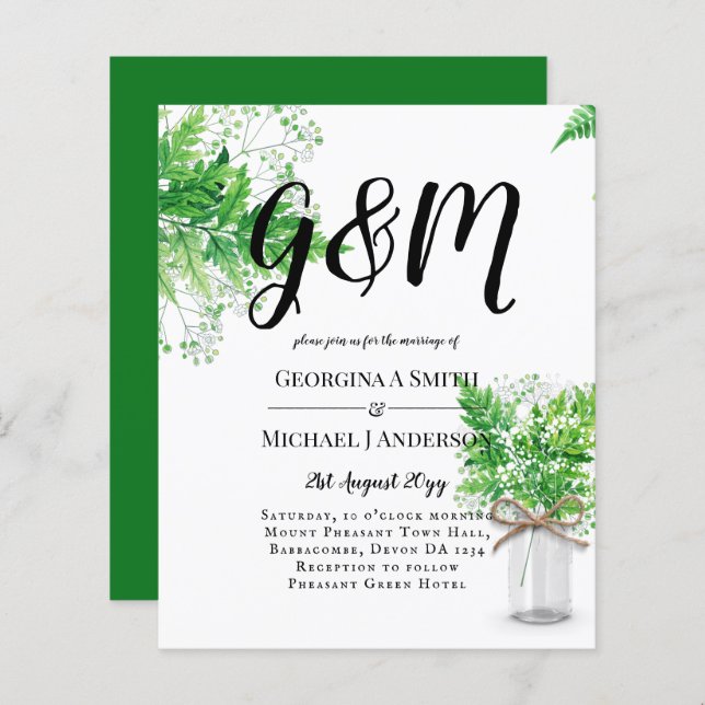 BUDGET Ferns Verdure Mariage blanc Invitation (Devant / Derrière)