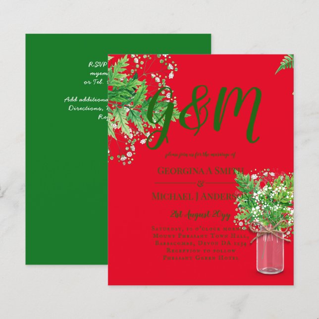 BUDGET Ferns Verdure Mariage rouge Invitation (Devant / Derrière)